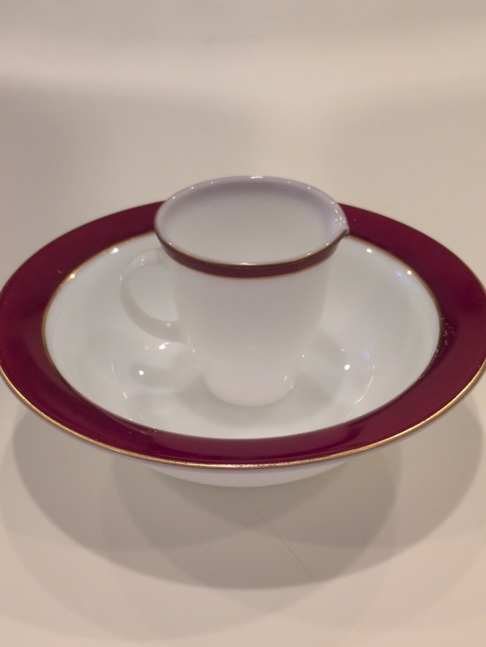 Pyrex Milk Glass Burgundy Gold Rimmed Creamer And Serving Bowl
